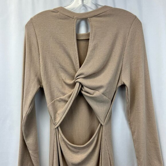 Gilli Womens Bodycon Dress Latte Cut Out Back W/ Twist Ribbed Long Sleeve L - Picture 3 of 11